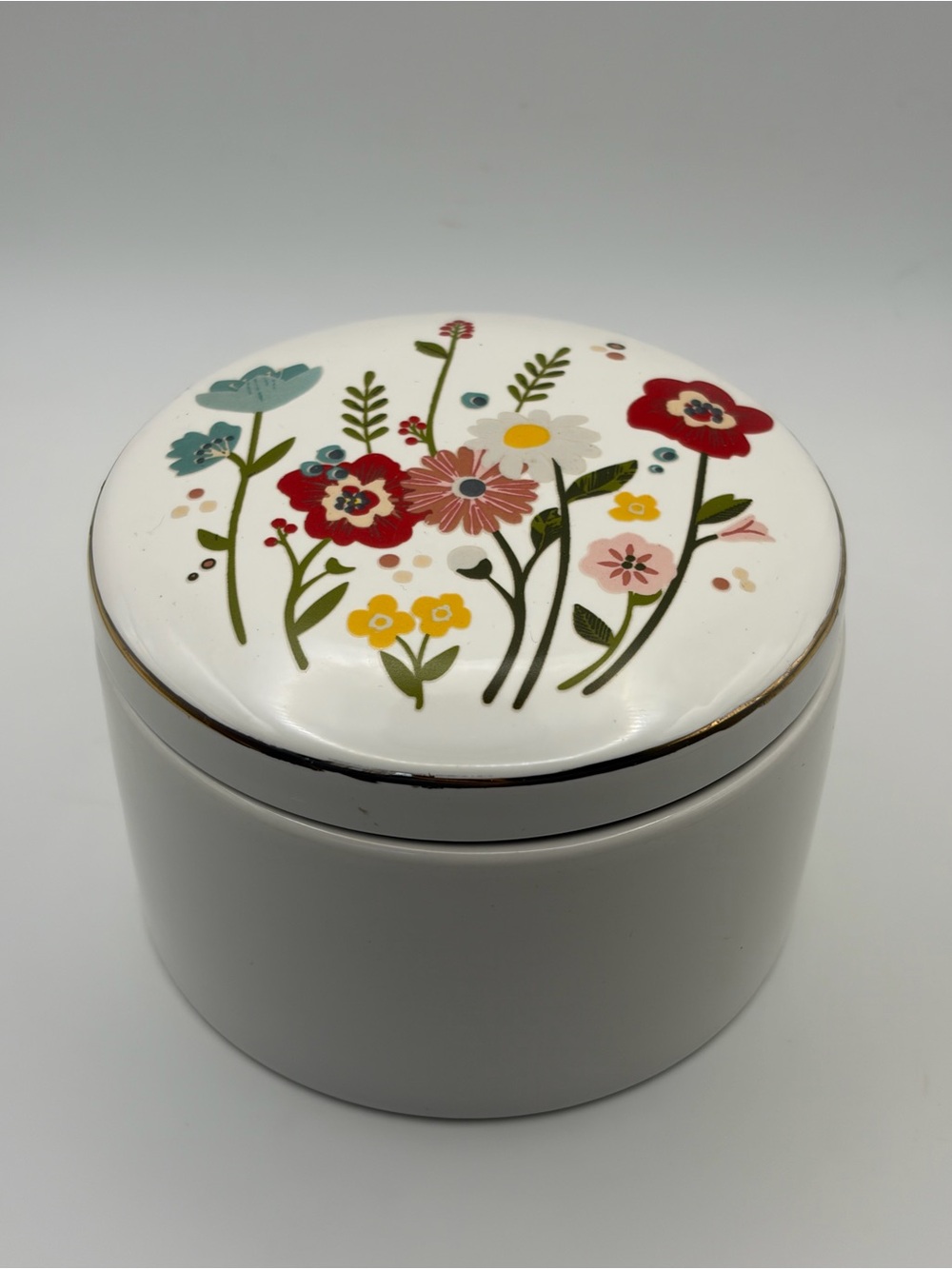 White Ceramic Floral Trinket Jewelry Box Round Gold Trim Colorful Flowers